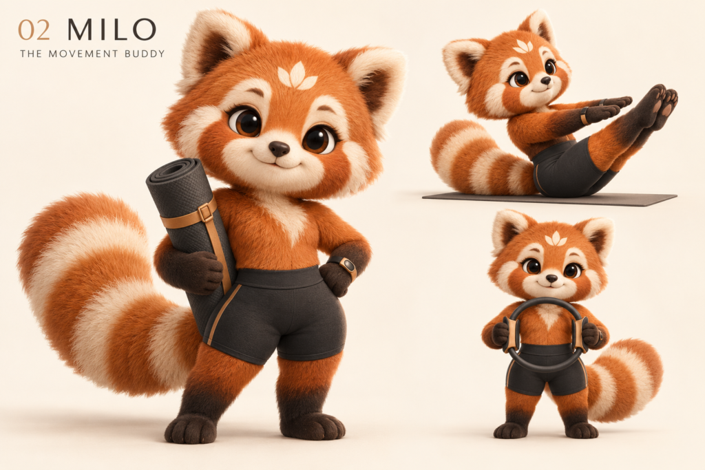 MILO, SUM’s playful red panda movement companion, with yoga and Pilates poses