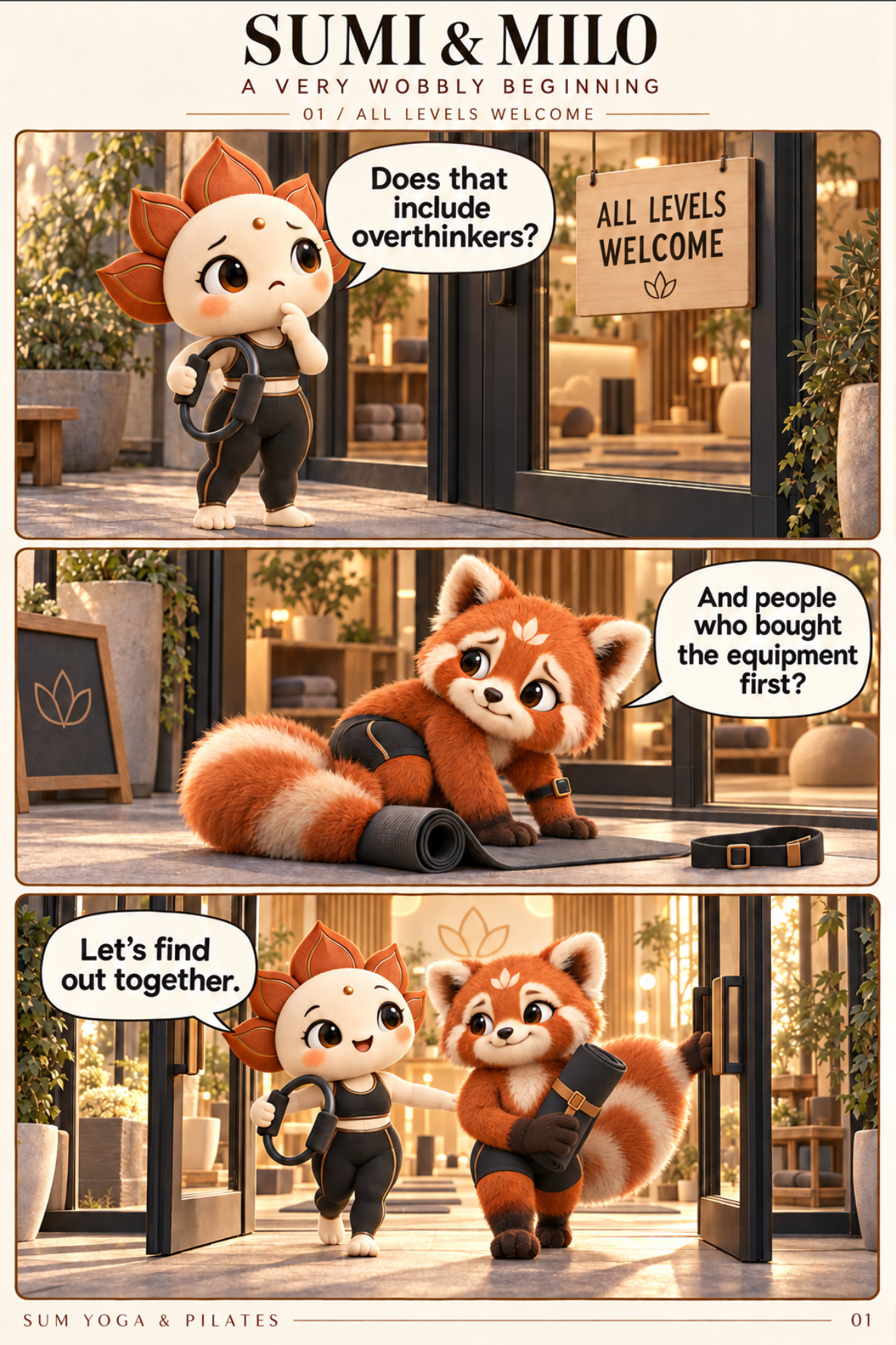 Comic chapter 1: All levels welcome. SUMI and MILO meet outside a yoga studio.