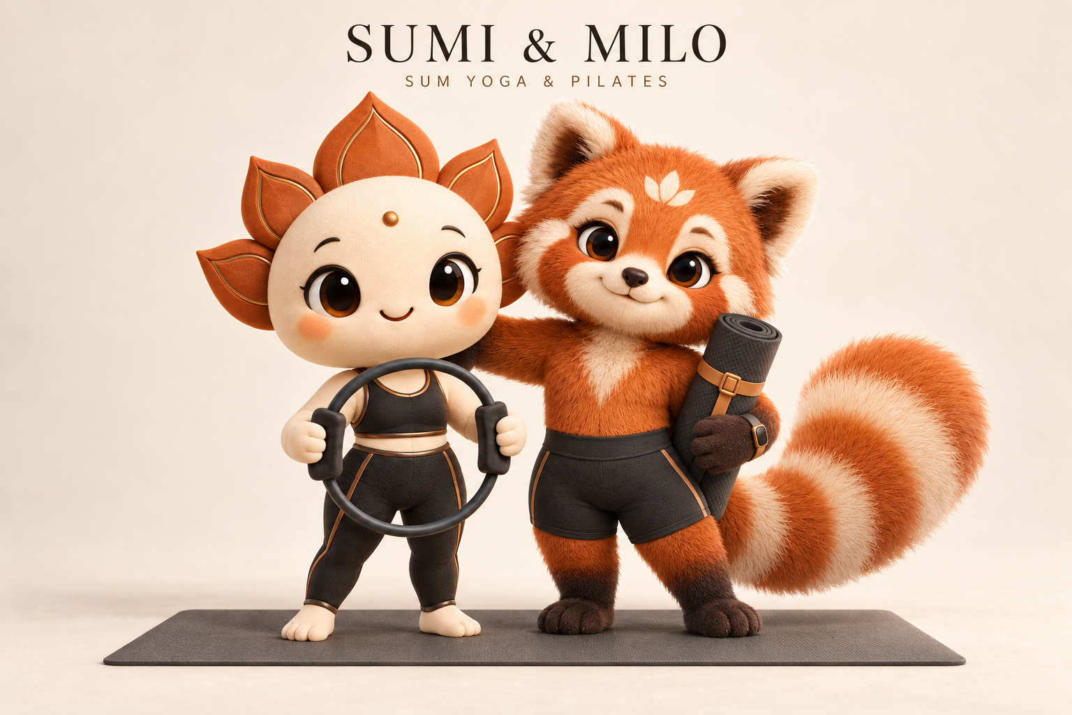 SUMI and MILO together with a Pilates ring and yoga mat